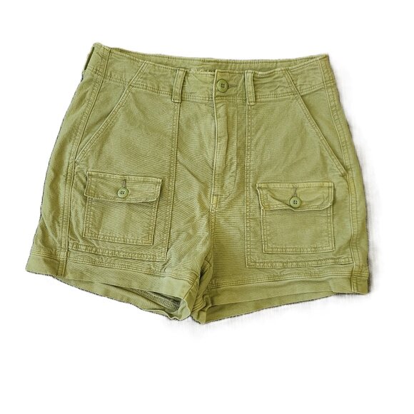 AMERICAN EAGLE 90s Boyfriend High Rise Shorts Olive Green Cotton Blend Stretch 2 - Picture 1 of 15